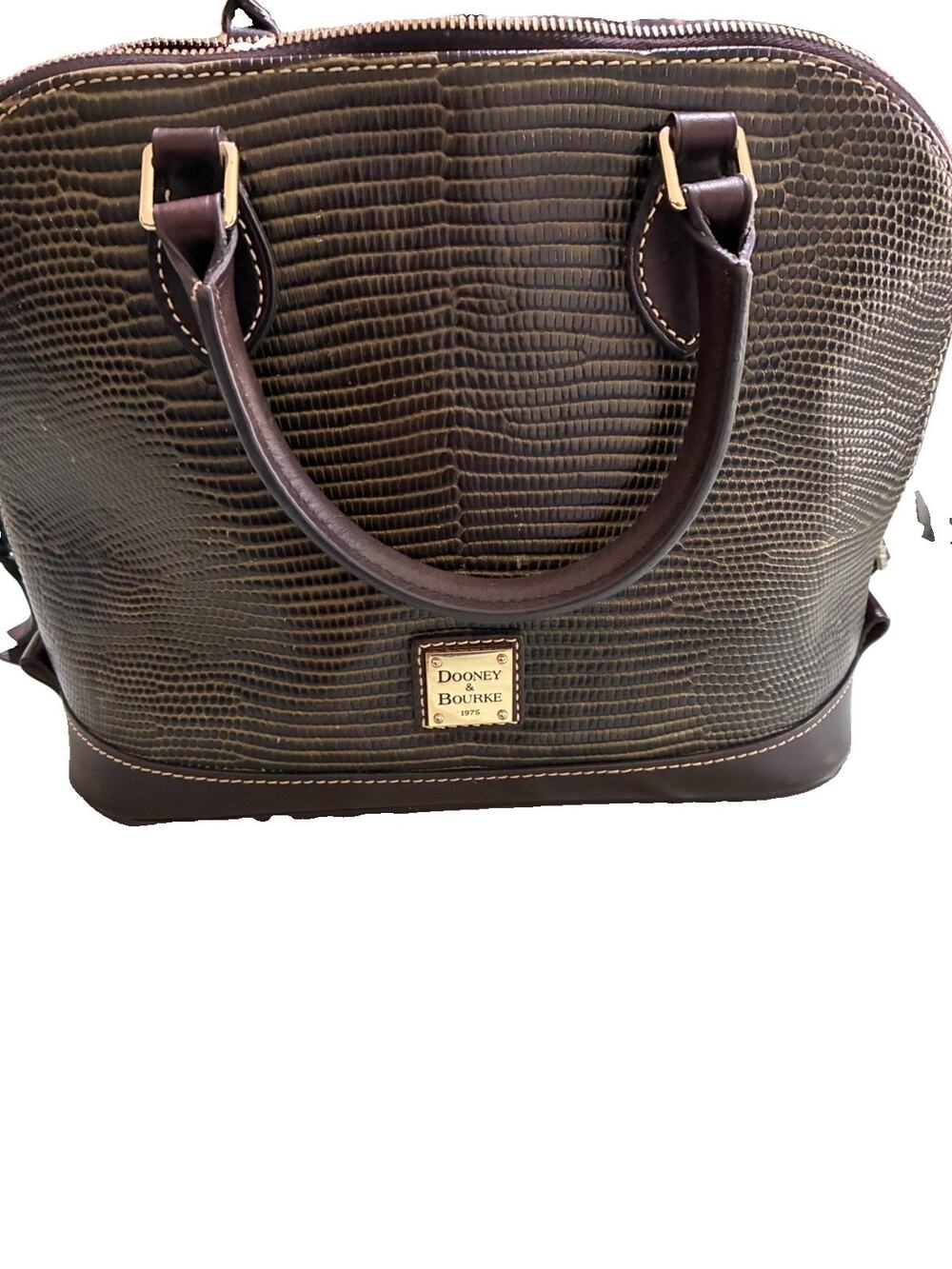 Dooney & Bourke Lizard Embossed Zip Zip Satchel Bag Brown Olive Dome Purse EUC